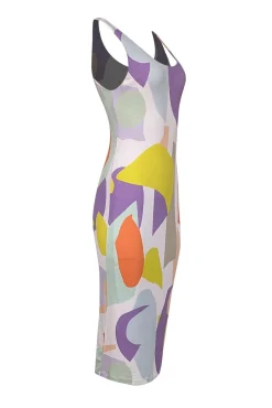 Alice & Olivia - White w/ Multicolor Geometric Shapes Print Midi Bodycon Dress Sz 4