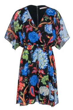 Alice & Olivia- Black w/ Floral & Leaf Print Short Sleeve Wrap Bodice Dress Sz 4