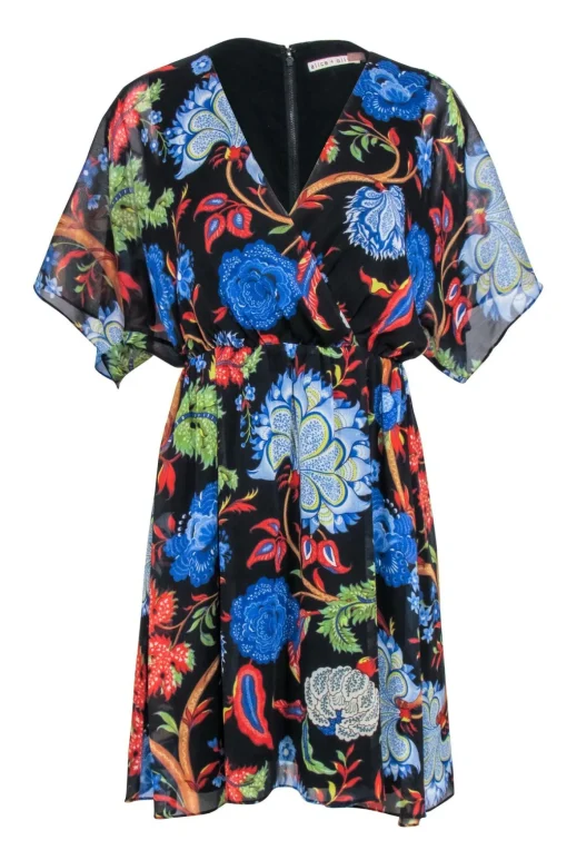 Alice & Olivia- Black w/ Floral & Leaf Print Short Sleeve Wrap Bodice Dress Sz 4