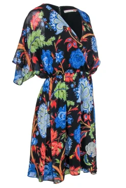 Alice & Olivia- Black w/ Floral & Leaf Print Short Sleeve Wrap Bodice Dress Sz 4