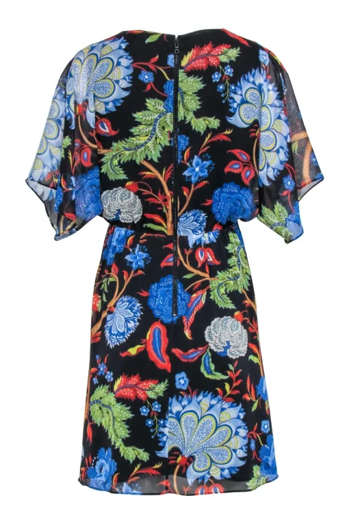 Alice & Olivia- Black w/ Floral & Leaf Print Short Sleeve Wrap Bodice Dress Sz 4