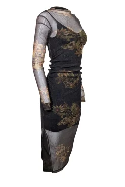 All Saints - Black & Gold Shimmering Floral Print Sheer Bodycon Dress Sz 2