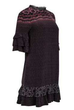 All Saints - Black, Brown, & Rust Print Ruffle Sleeve & Hem Dress Sz S