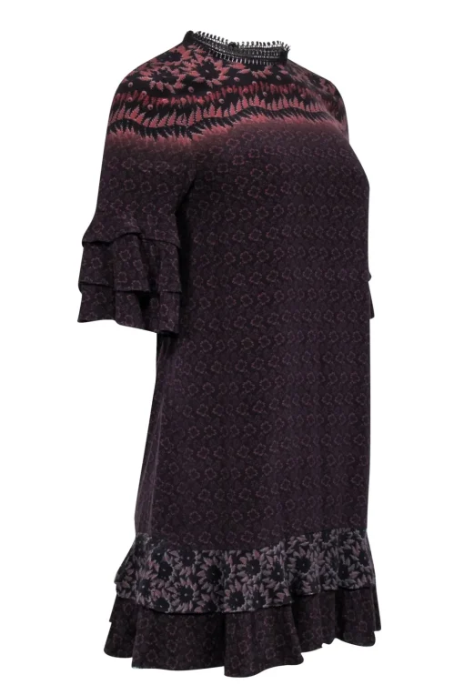 All Saints - Black, Brown, & Rust Print Ruffle Sleeve & Hem Dress Sz S