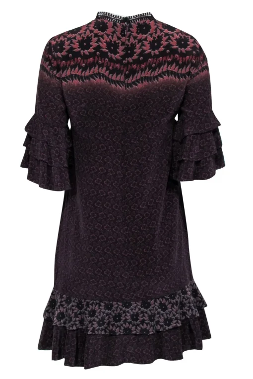 All Saints - Black, Brown, & Rust Print Ruffle Sleeve & Hem Dress Sz S
