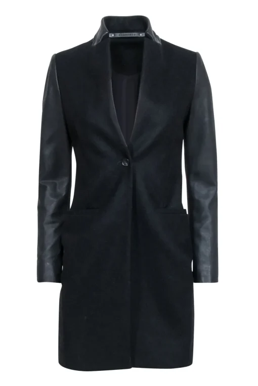 All Saints - Black Wool Blend Coat w/ Lamb Leather Sleeves & Collar Sz 00