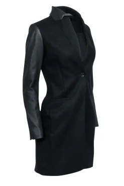 All Saints - Black Wool Blend Coat w/ Lamb Leather Sleeves & Collar Sz 00