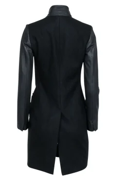 All Saints - Black Wool Blend Coat w/ Lamb Leather Sleeves & Collar Sz 00