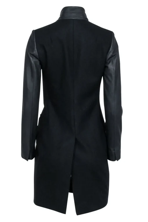 All Saints - Black Wool Blend Coat w/ Lamb Leather Sleeves & Collar Sz 00