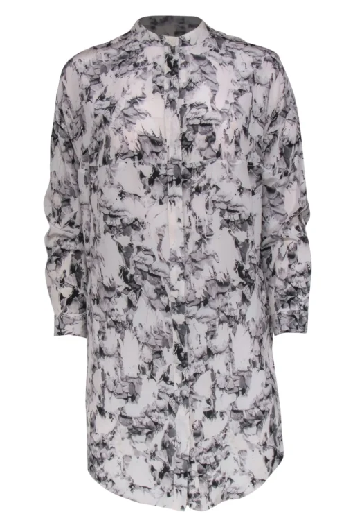 All Saints - Ivory, Grey & Pink Floral Print Button-Up Silk Shirtdress Sz 2