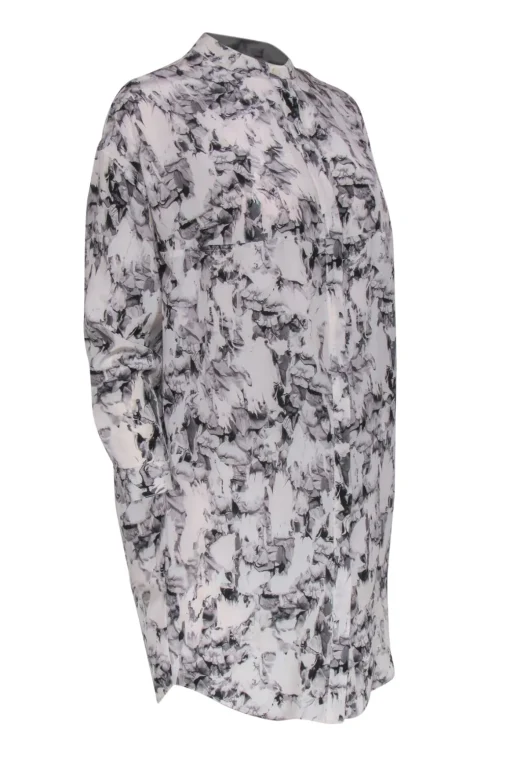 All Saints - Ivory, Grey & Pink Floral Print Button-Up Silk Shirtdress Sz 2