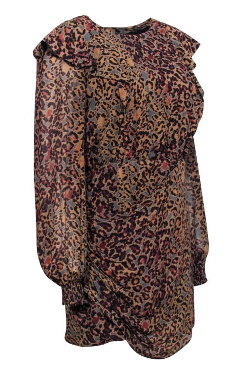 All Saints - Tan Leopard Print Ruffled "Elodie" Dress Sz 8