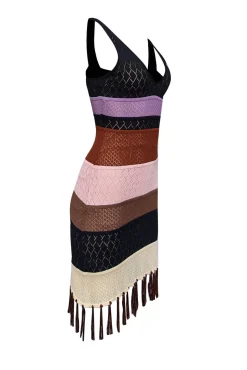 Allison - Black, Brown, & Lavender Knit Fringe Hem Dress Sz XS