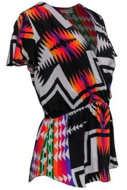 Amanda Uprichard - Black & Multicolored Print Short Sleeve Silk Blouse Sz L
