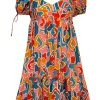 Amanda Uprichard - Teal Blue, Orange, Pink, & Red Print Puff Short Sleeve Dress Sz S