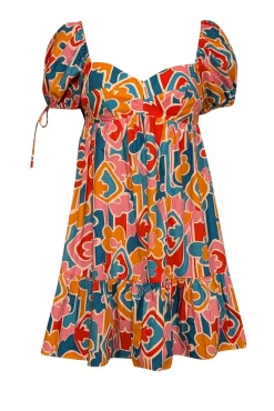 Amanda Uprichard - Teal Blue, Orange, Pink, & Red Print Puff Short Sleeve Dress Sz S