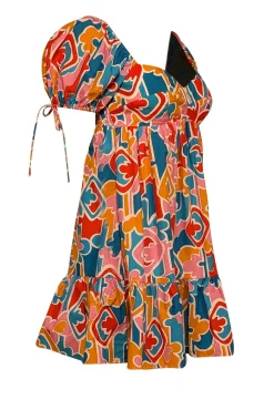 Amanda Uprichard - Teal Blue, Orange, Pink, & Red Print Puff Short Sleeve Dress Sz S