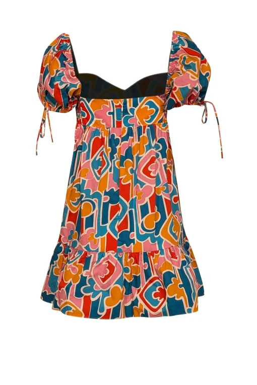 Amanda Uprichard - Teal Blue, Orange, Pink, & Red Print Puff Short Sleeve Dress Sz S