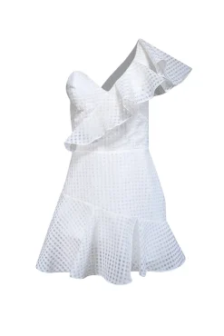 Amanda Uprichard - White Grid Print Ruffled One Shoulder Dress Sz XS