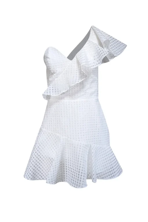 Amanda Uprichard - White Grid Print Ruffled One Shoulder Dress Sz XS