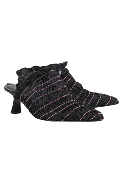 Amy Crookes - Black Smocked Ruffle Trim Strappy Back Heel Sz 6