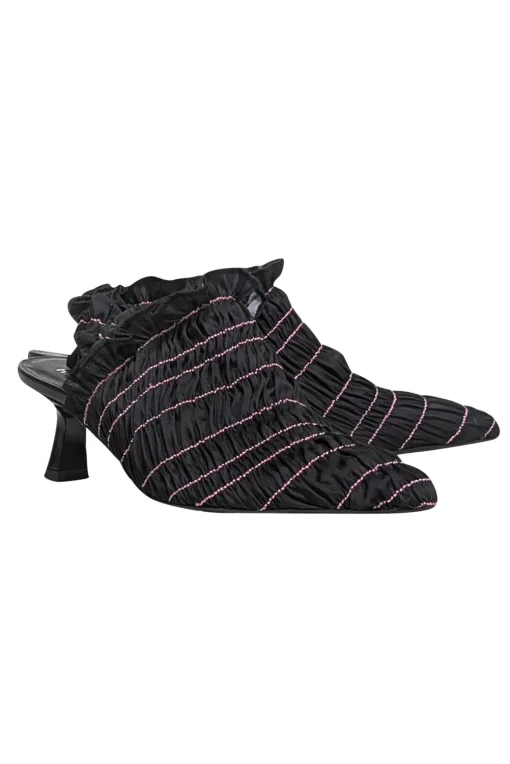 Amy Crookes - Black Smocked Ruffle Trim Strappy Back Heel Sz 6