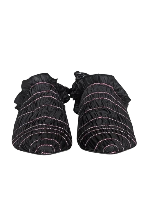 Amy Crookes - Black Smocked Ruffle Trim Strappy Back Heel Sz 6