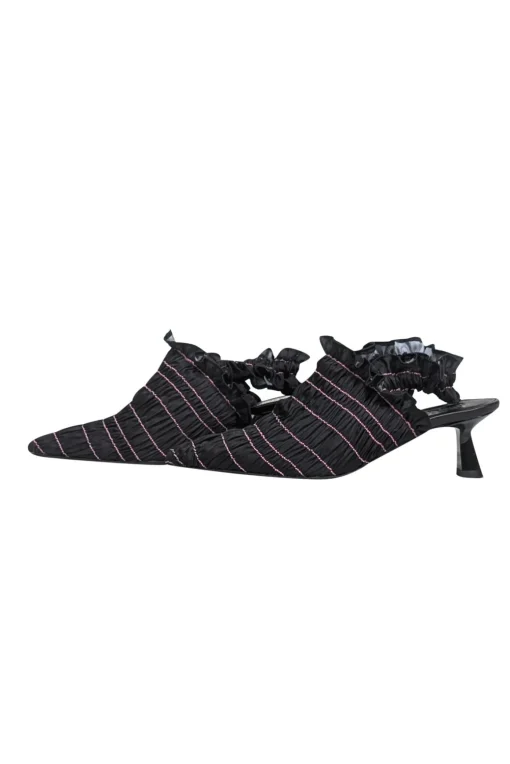 Amy Crookes - Black Smocked Ruffle Trim Strappy Back Heel Sz 6