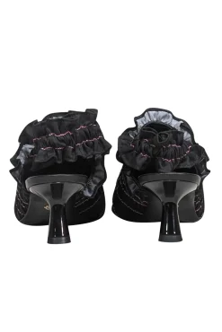 Amy Crookes - Black Smocked Ruffle Trim Strappy Back Heel Sz 6