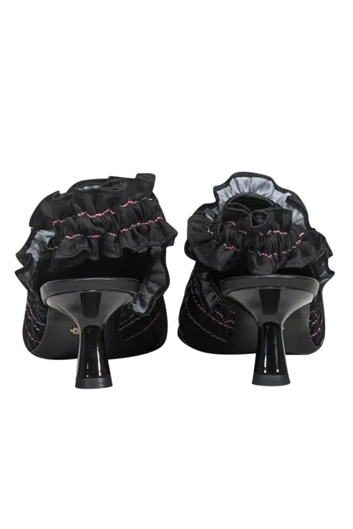 Amy Crookes - Black Smocked Ruffle Trim Strappy Back Heel Sz 6