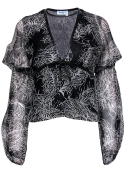 Andrew Gn - Black Printed Silk Blouse w/ Leather Trim Sz M