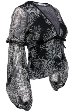 Andrew Gn - Black Printed Silk Blouse w/ Leather Trim Sz M