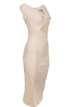 Anna Quan - Beige Ribbed Knit Dress w/ Twisted Asymmetric Neckline Sz 4