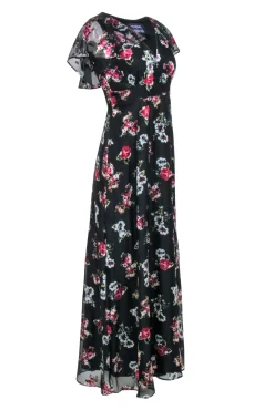 Anna Sui - Black w/ Pink Velvet Floral Print Formal Dress Sz 6