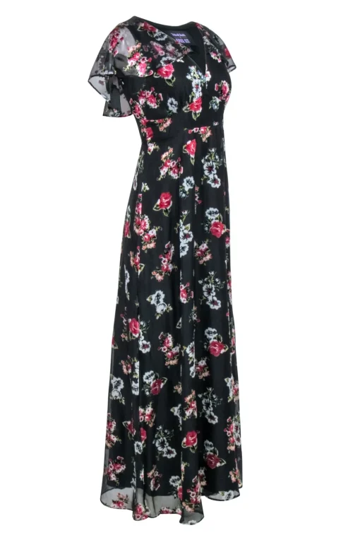 Anna Sui - Black w/ Pink Velvet Floral Print Formal Dress Sz 6