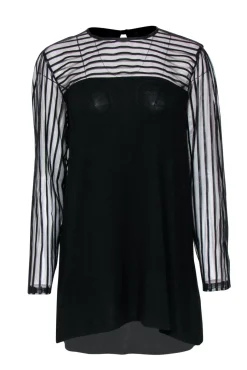 Anne Fontaine - Black "Mindy" Tunic w/ Striped Mesh Sleeves & Neckline Sz 12