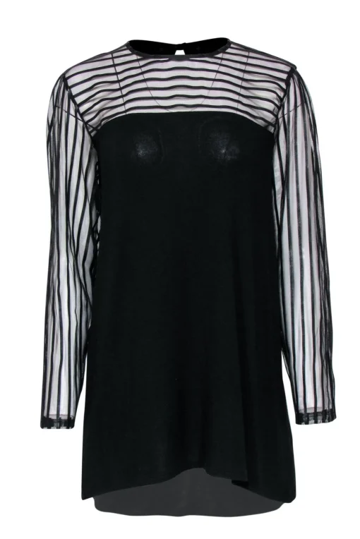 Anne Fontaine - Black "Mindy" Tunic w/ Striped Mesh Sleeves & Neckline Sz 12