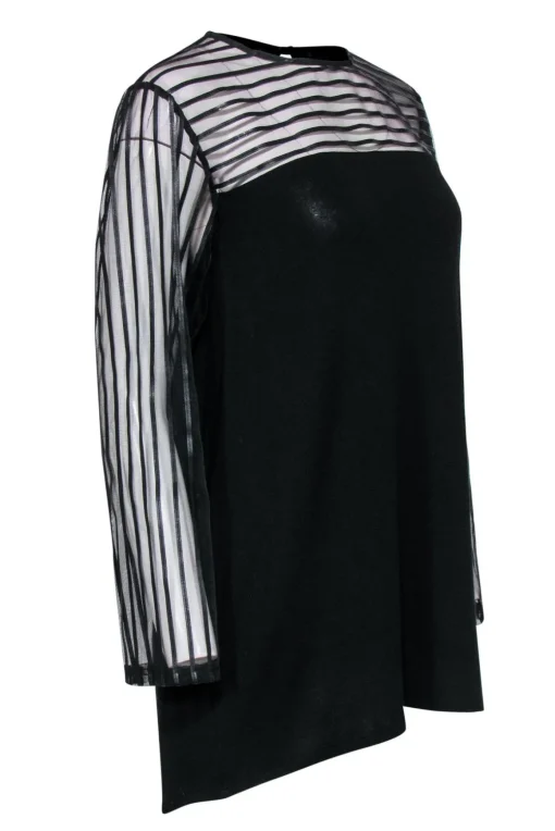 Anne Fontaine - Black "Mindy" Tunic w/ Striped Mesh Sleeves & Neckline Sz 12
