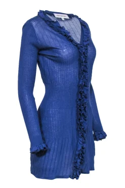 Anne Fontaine - Blue Ruffle Longline Button Front Cardigan Sz 6