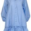 Anthropologie - Blue Striped Cotton Collared Shift Dress w/ Ruffled Hem Sz S