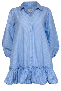 Anthropologie - Blue Striped Cotton Collared Shift Dress w/ Ruffled Hem Sz S