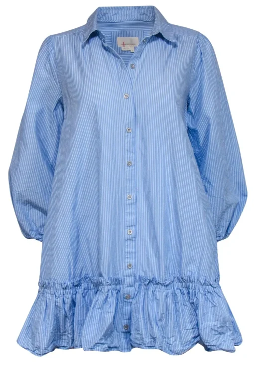 Anthropologie - Blue Striped Cotton Collared Shift Dress w/ Ruffled Hem Sz S