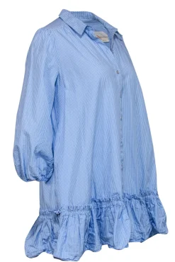 Anthropologie - Blue Striped Cotton Collared Shift Dress w/ Ruffled Hem Sz S