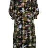 Anthropologie - Brown & Gold Metallic Thread Dress w/ Multi-Color Print Sz S