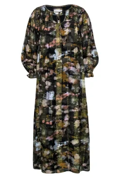 Anthropologie - Brown & Gold Metallic Thread Dress w/ Multi-Color Print Sz S