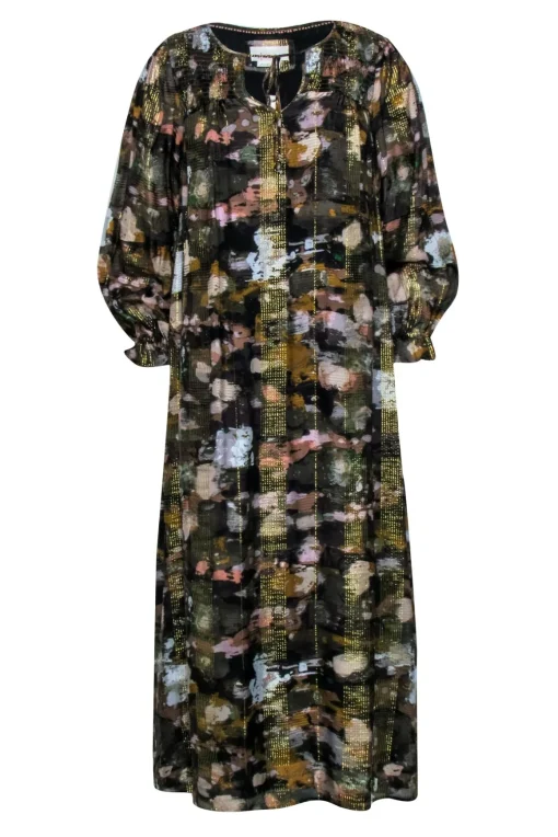 Anthropologie - Brown & Gold Metallic Thread Dress w/ Multi-Color Print Sz S