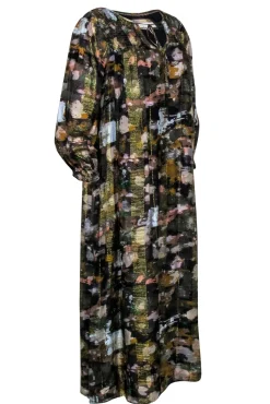 Anthropologie - Brown & Gold Metallic Thread Dress w/ Multi-Color Print Sz S