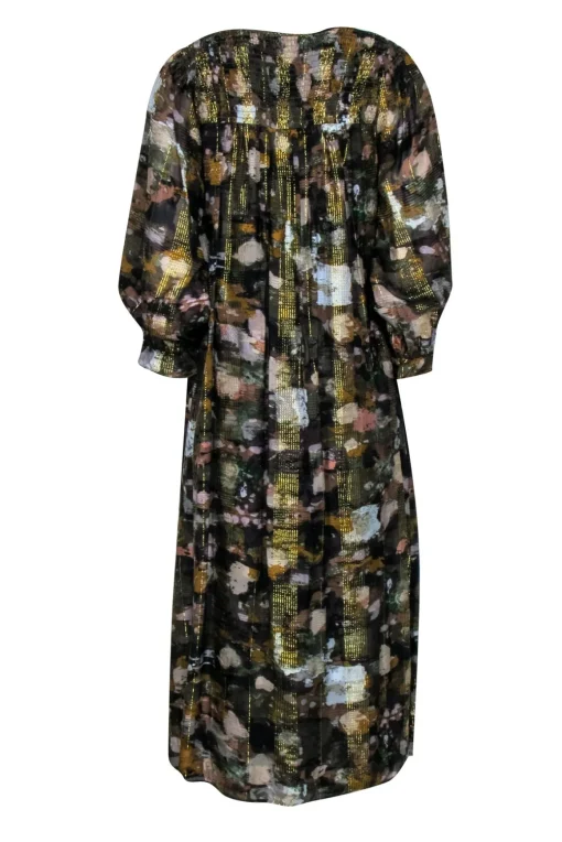 Anthropologie - Brown & Gold Metallic Thread Dress w/ Multi-Color Print Sz S