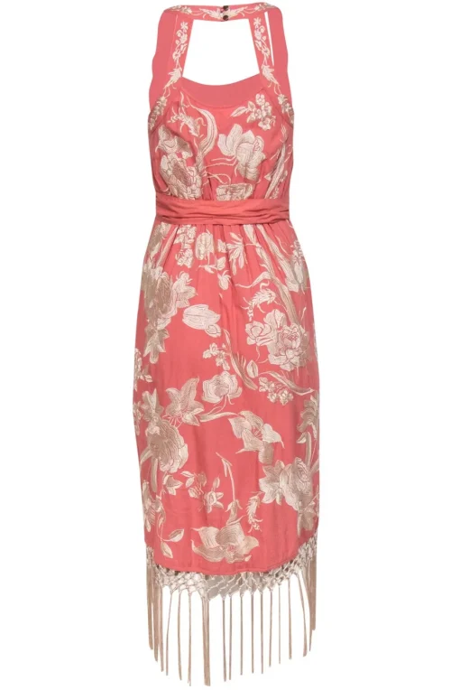 Anthropologie - Pink & Cream Floral Embroidered Midi Dress w/ Fringed Trim Sz 4