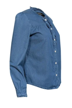 A.P.C. - Indigo Chambray Shirt w/ Ruffle Trim Sz 6